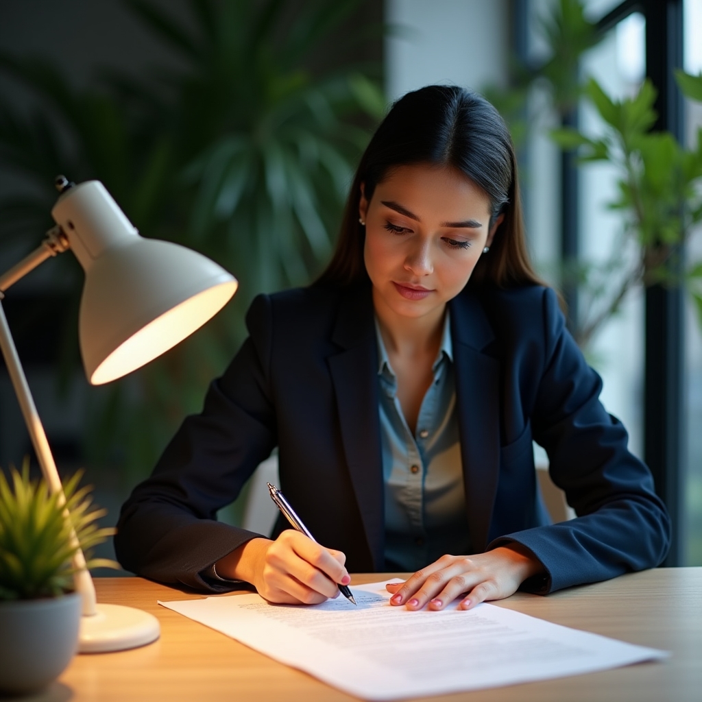 Independent professional reviewing documents at a modern workspace